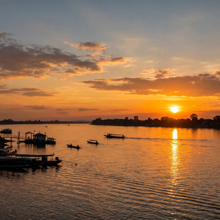 Sunset over the Mekong River with boats on the water