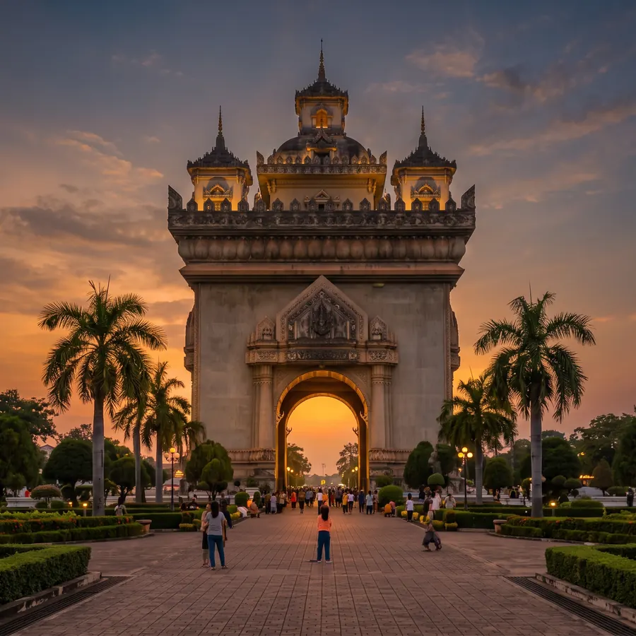 Patuxai monument glowing at dusk between palm trees