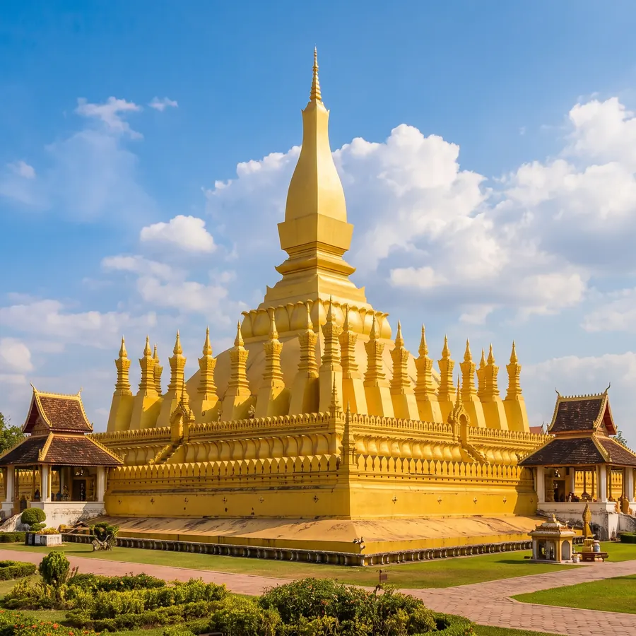 Golden stupa of Pha That Luang under a bright blue sky