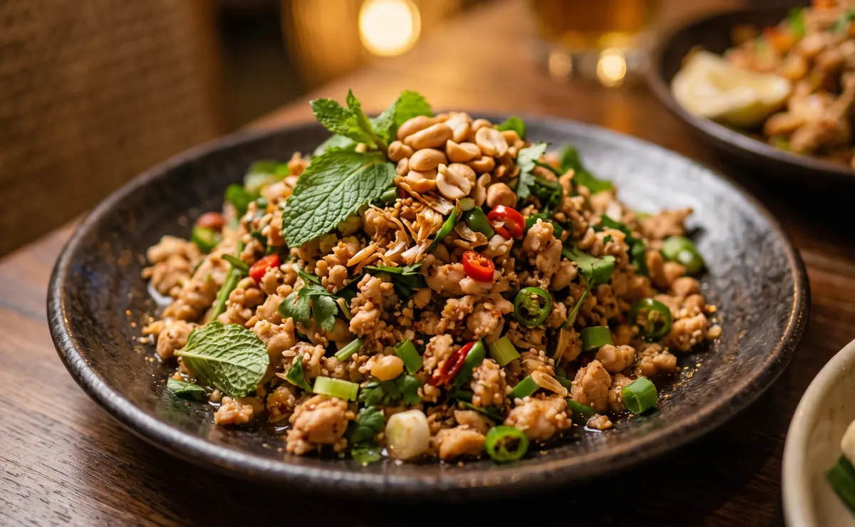 Lao larb salad with fresh herbs and chilli in a dark bowl
