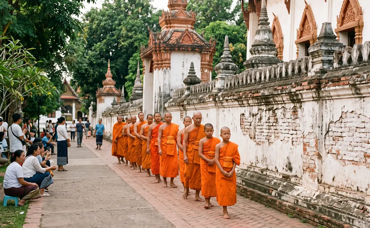 Monks in saffron robes walking past a temple wall at morning alms
