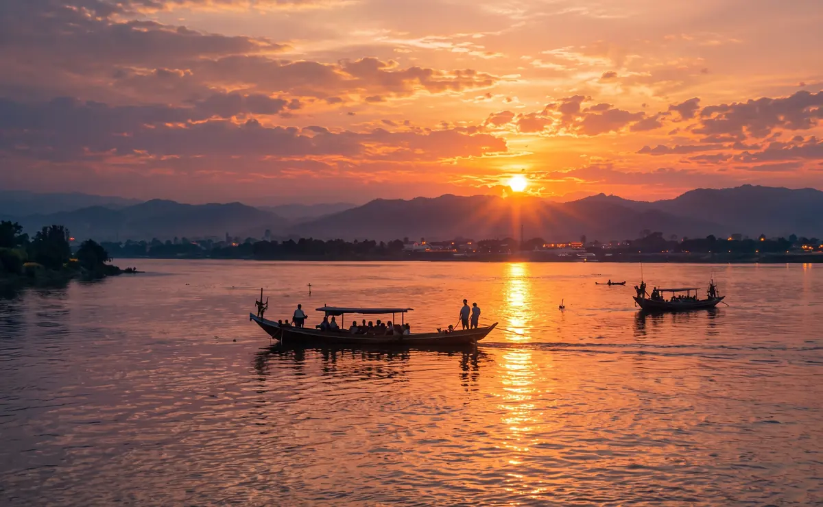 Long-tail boat on the Mekong River at sunset